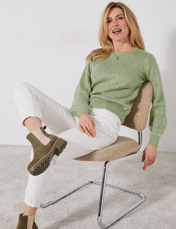 Pull col rond, maille pointelle toucher doux (vert d'eau) Pull col rond, maille pointelle toucher doux (vert d'eau)